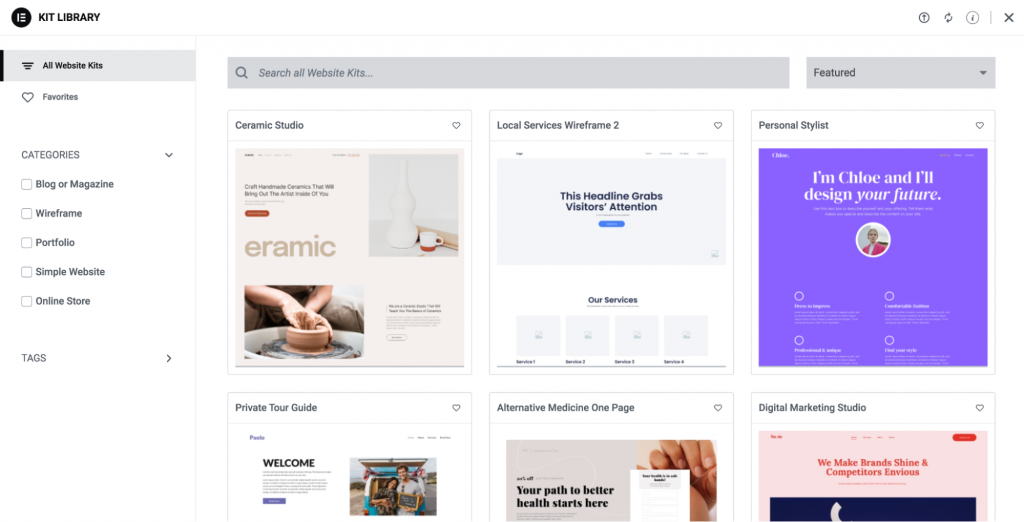 the Hello Elementor kit library, showing categories, a search bar, and several examples in a grid layout