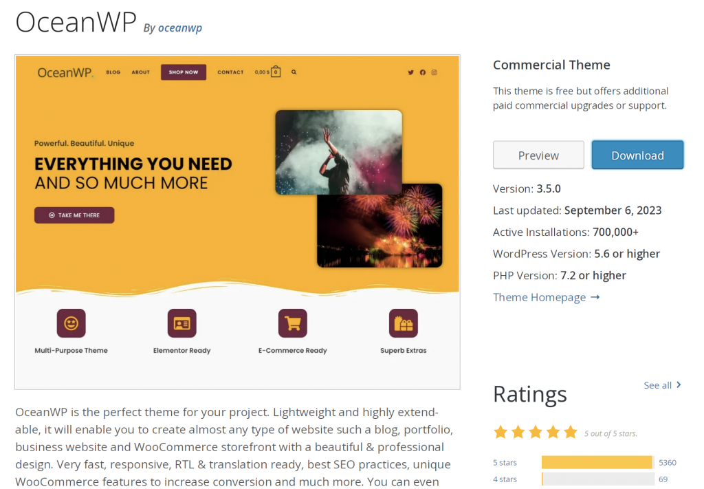 the OceanWP theme in the WordPress repository, showing a preview, key information, and 5 out of 5 stars