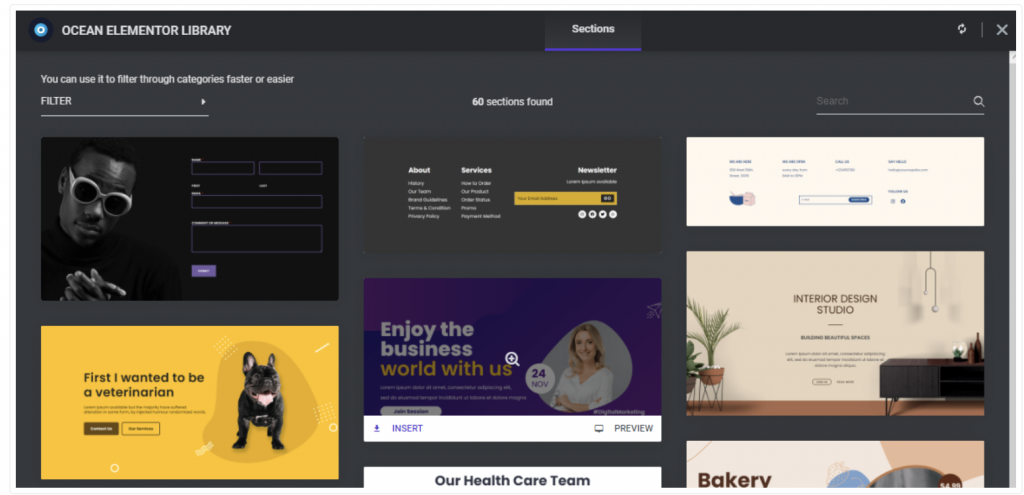 Elementor sections library with a grid of templates