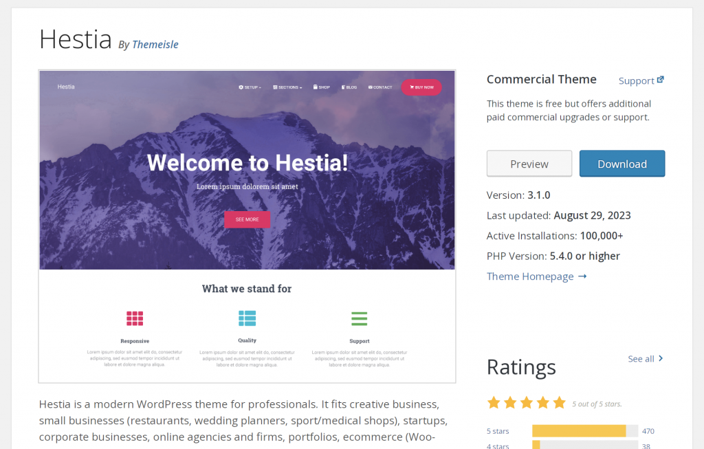 the Hestia theme in the WordPress repository, showing a preview, key information, and 5 out of 5 stars