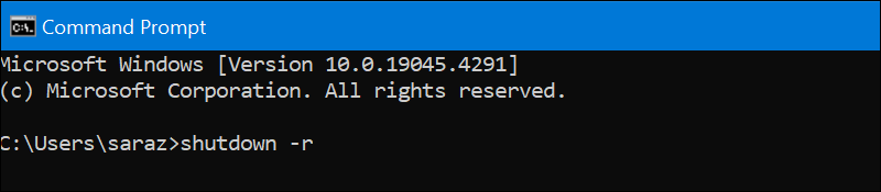 Command Prompt output for shutdown -r