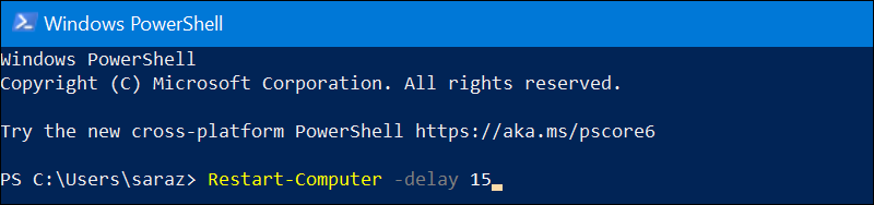 restart computer delay 15 seconds PowerShell output
