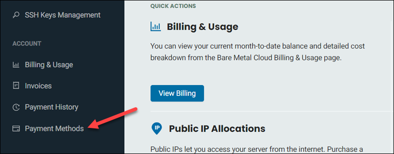Location of Payment Methods item in the main menu.