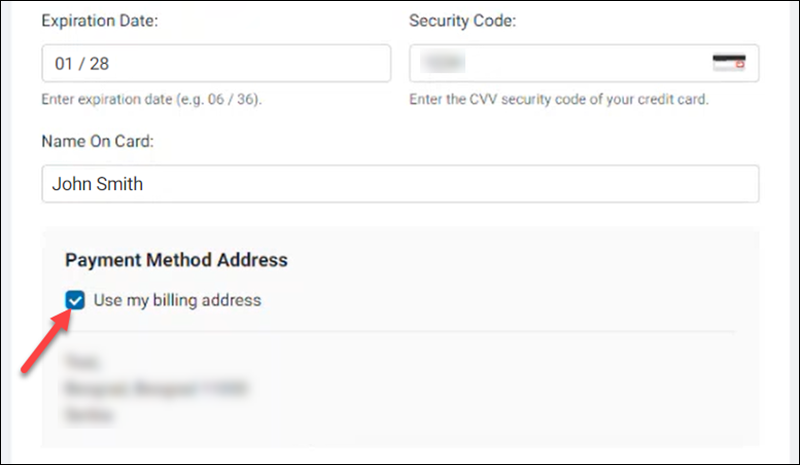 Location of the Use my billing address checkbox on the Add a Payment Method page.
