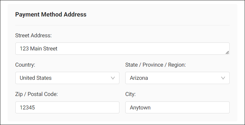 Example data for the Payment Method Address form.
