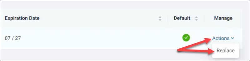 Location of the Replace option in the Actions menu on the Payment Methods page.