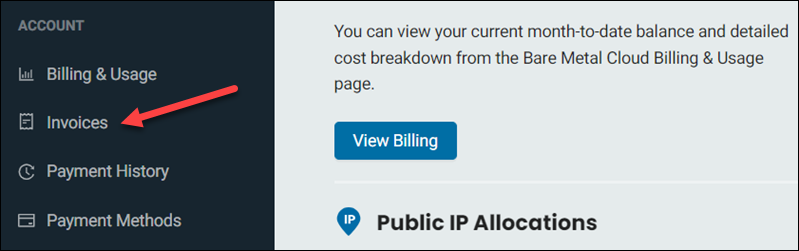 Location of the Invoices item on the main menu.
