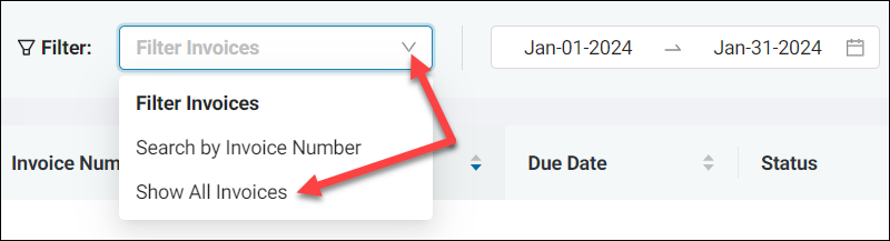 Location of the Show All invoices option in the Filter menu.