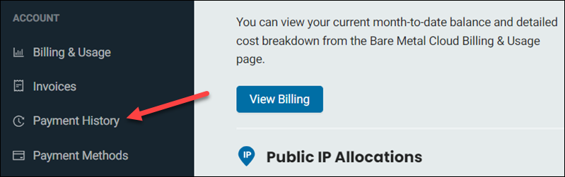 Location of the Payment History item in the main menu.