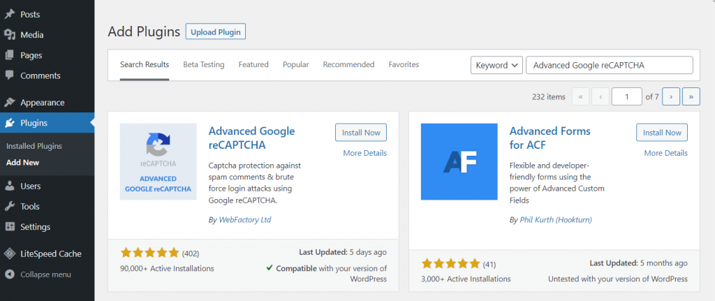 The plugin installation page in WordPress